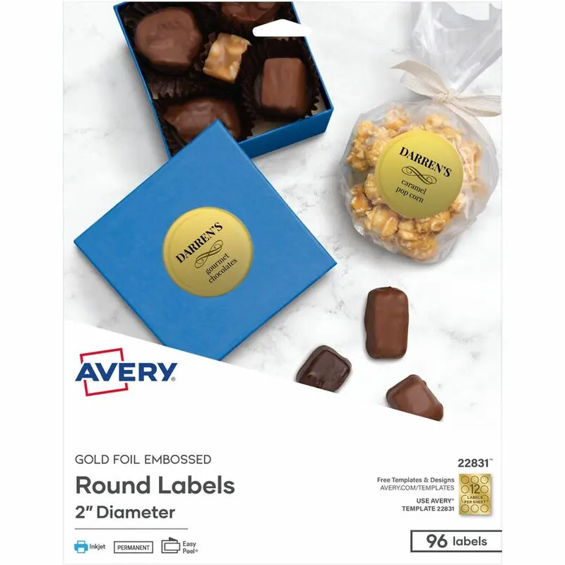 Avery® Round Easy Peel Labels, 2" meter, Gold (AVE22831) Pack of 96