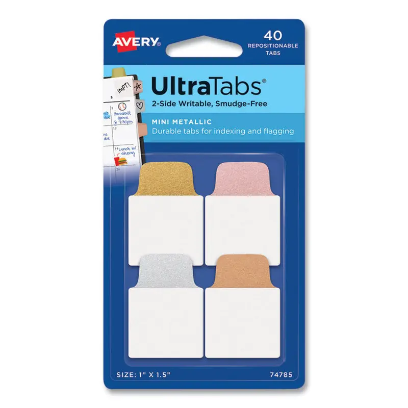 Avery® Ultra Tabs Repositionable Mini Tabs, 1/5-Cut Tabs, Assorted Metallic, 1" Wide, 40/Pack (AVE74785) Pack of 40