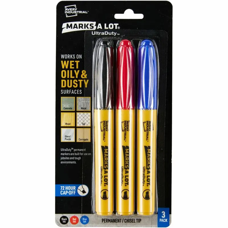 Avery® UltraDuty Markers, Chisel Tip, 3 Assorted Markers (29864), Bold, Narrow Marker Point, Black, Red, Blue, Polyester Tip, 3 Pack (AVE29864) 1 Pack
