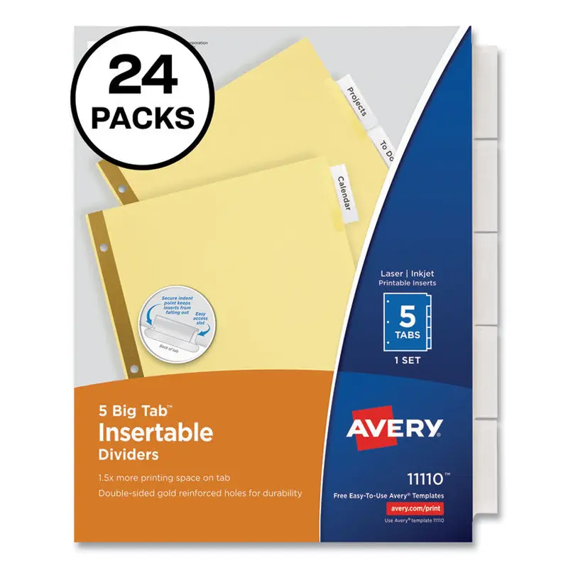 Avery Insertable Big Tab Dividers, 5-Tab, Double-Sided Gold Edge Reinforcing, 11 x 8.5, Buff, Clear Tabs, 24 Sets (AVE11113) Box of 120