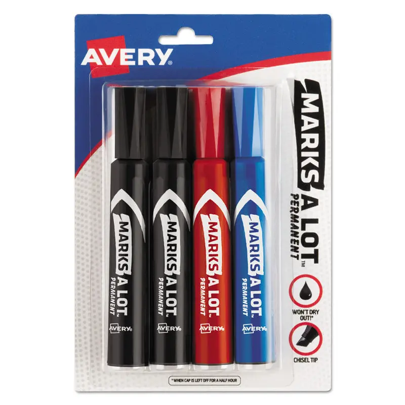 Avery MARKS A LOT Regular Desk-Style Permanent Marker, Broad Chisel Tip, Assorted Colors, 4/Set (7905) (AVE07905) Set of 4