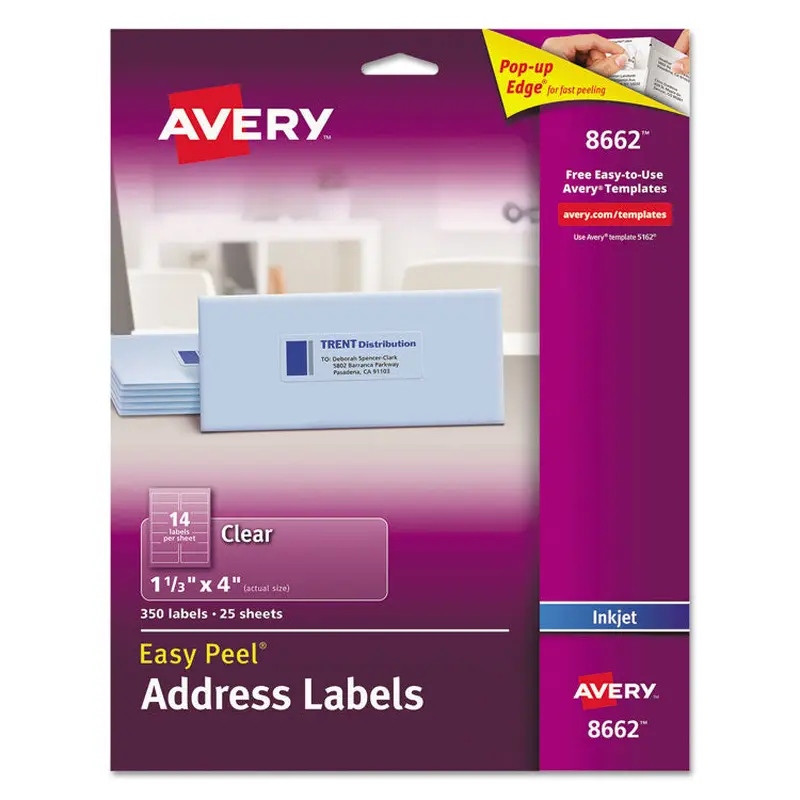 Avery Matte Clear Easy Peel Mailing Labels w/ Sure Feed Technology, Inkjet Printers, 1.33 x 4, Clear, 14/Sheet, 25 Sheets/Pack (AVE8662) Pack of 350