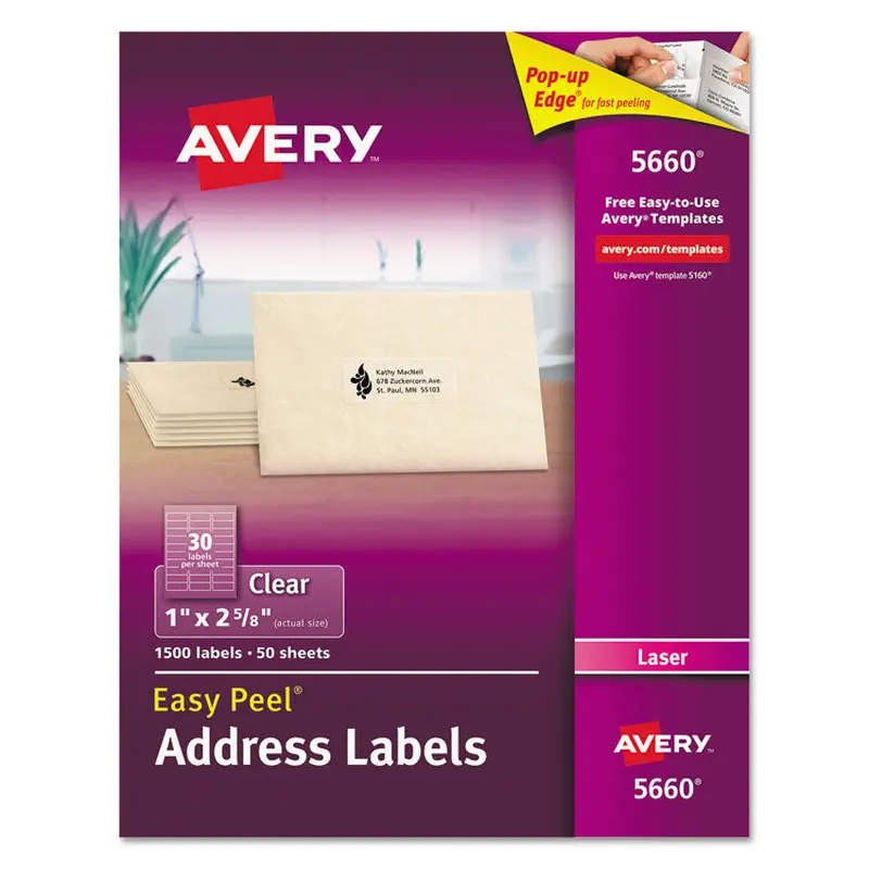 Avery Matte Clear Easy Peel Mailing Labels w/ Sure Feed Technology, Laser Printers, 1 x 2.63, Clear, 30/Sheet, 50 Sheets/Box (AVE5660) Box of 1500