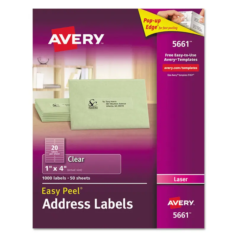 Avery Matte Clear Easy Peel Mailing Labels w/ Sure Feed Technology, Laser Printers, 1 x 4, Clear, 20/Sheet, 50 Sheets/Box (AVE5661) Pack of 1000