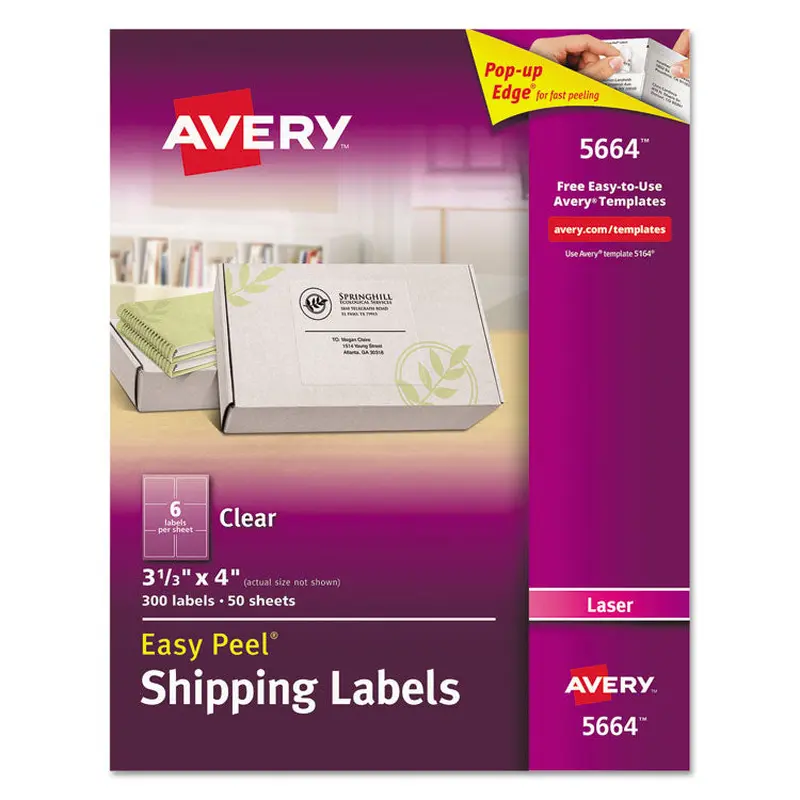 Avery Matte Clear Easy Peel Mailing Labels w/ Sure Feed Technology, Laser Printers, 3.33 x 4, Clear, 6/Sheet, 50 Sheets/Box (AVE5664) Pack of 300