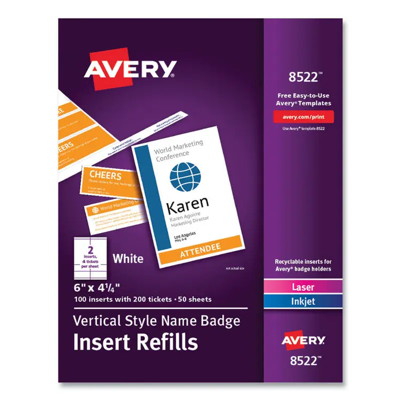 Avery Name Badge Insert Refills, Vertical, 4 1/4 x 6, White, 100/Pack (AVE8522) Pack of 100