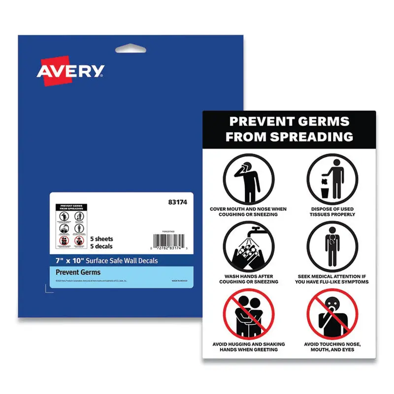 Avery Preprinted Surface Safe Wall Decals, 7 x 10, Prevent Germs from Spreading, White/Black Face, Black Graphics, 5/Pack (AVE83174) Pack of 5