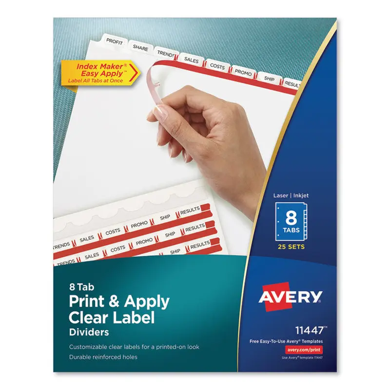 Avery Print and Apply Index Maker Clear Label Dividers, 8-Tab, 11 x 8.5, White, 25 Sets (AVE11447) Box of 25
