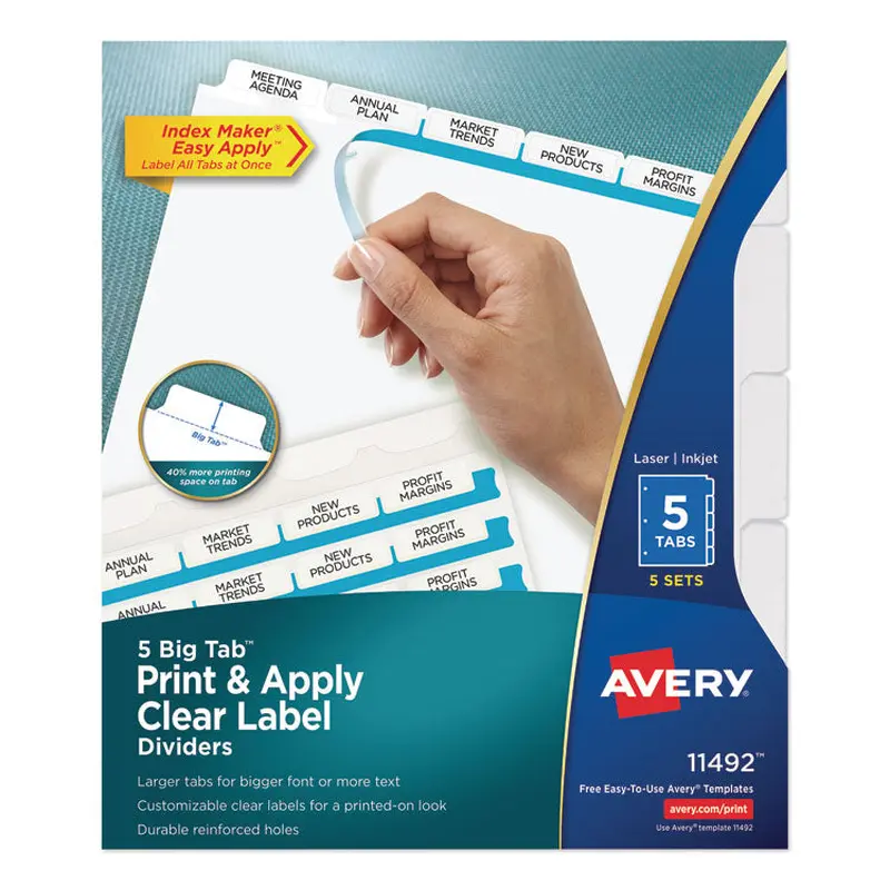 Avery Print and Apply Index Maker Clear Label Dividers, Big Tab, 5-Tab, White Tabs, 11 x 8.5, White, 5 Sets (AVE11492) Pack of 5