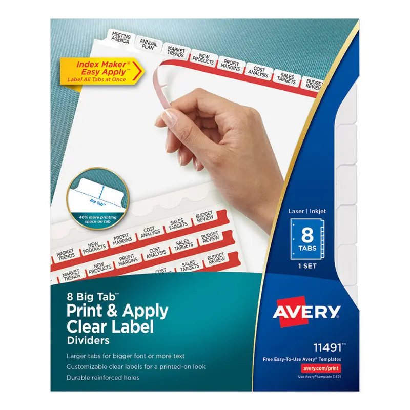 Avery Print and Apply Index Maker Clear Label Dividers, Big Tab, 8-Tab, 11 x 8.5, White, 1 Set (AVE11491) Pack of 5