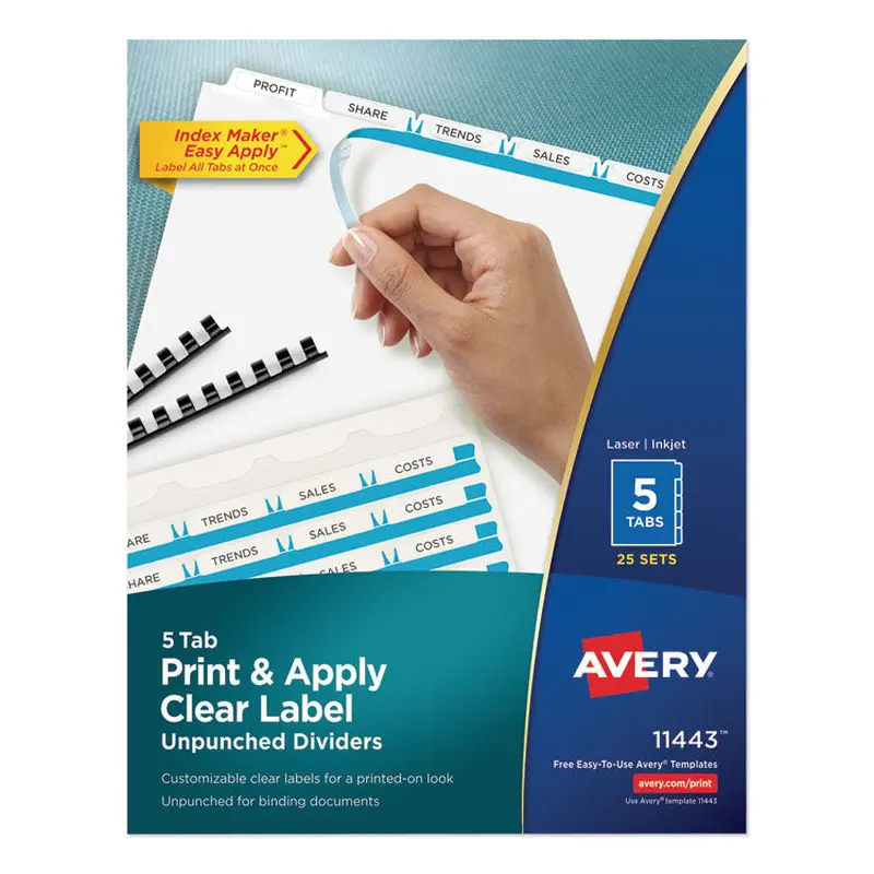 Avery Print and Apply Index Maker Clear Label Unpunched Dividers, 5-Tab, 11 x 8.5, White, 25 Sets (AVE11443) Box of 25