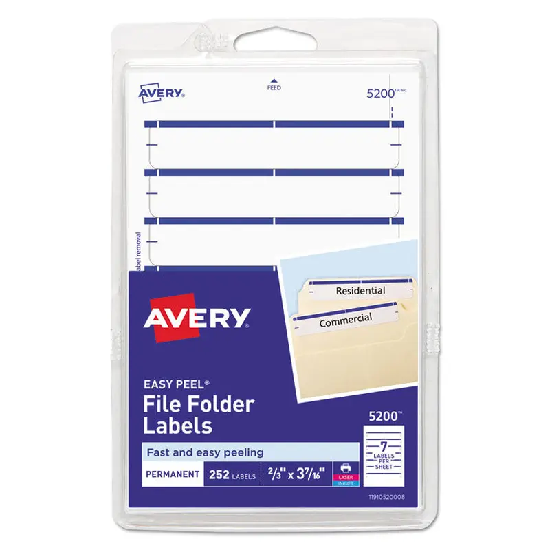 Avery Printable 4" x 6" - Permanent File Folder Labels, 0.69 x 3.44, White, 7/Sheet, 36 Sheets/Pack, (5200) (AVE05200) Pack of 252