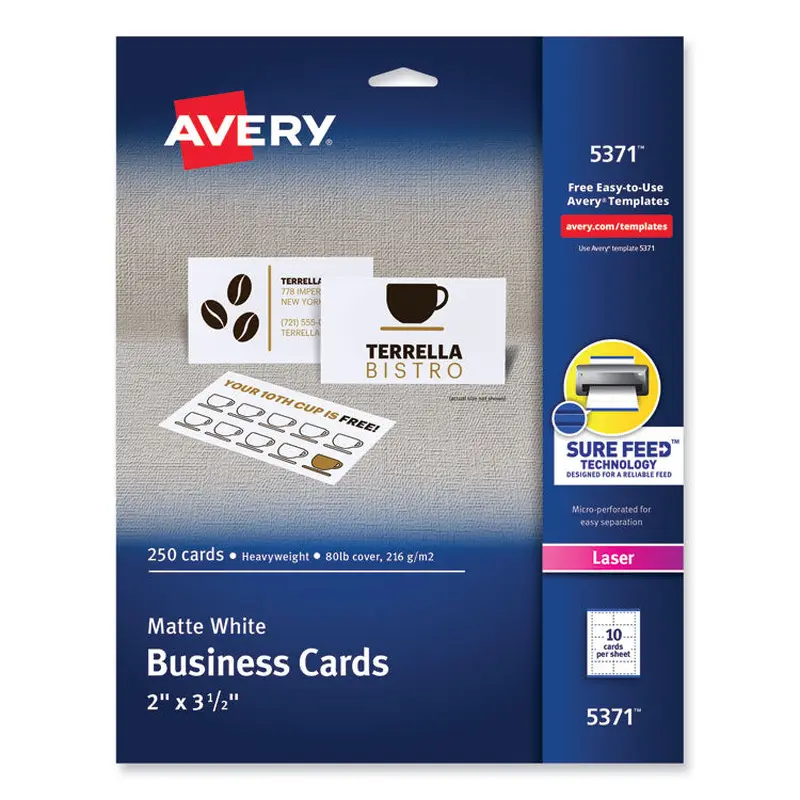 Avery Printable Microperforated Business Cards w/Sure Feed Technology, Laser, 2 x 3.5, White, 250 Cards, 10/Sheet, 25 Sheets/Pack (AVE5371) Pack of 250