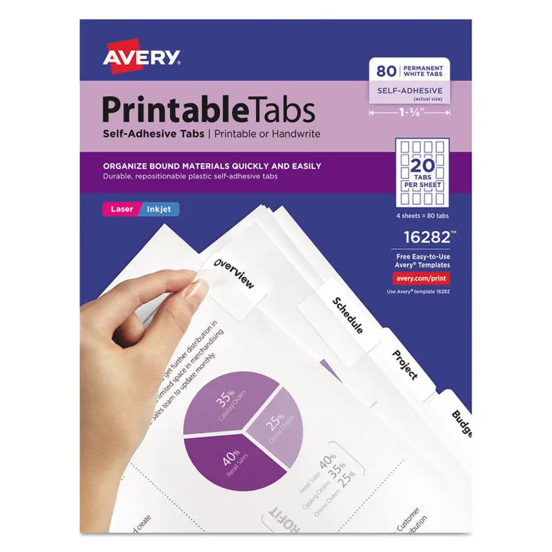Avery Printable Plastic Tabs with Repositionable Adhesive, 1/5-Cut, White, 1.75" Wide, 80/Pack (AVE16282) Pack of 80