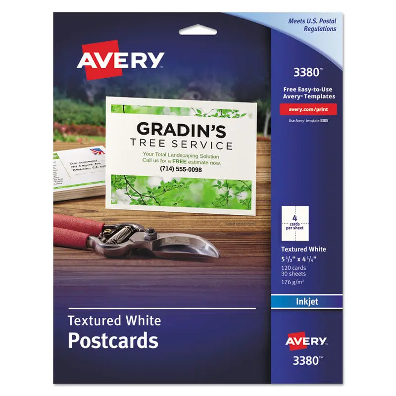 Avery Printable Postcards, Inkjet, 65 lb, 4.25 x 5.5, Textured Matte White, 120 Cards, 4 Cards/Sheet, 30 Sheets/Box (AVE3380) Each