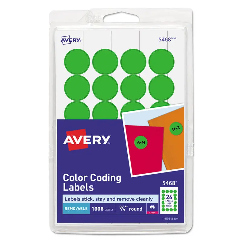 Avery Printable Self-Adhesive Removable Color-Coding Labels, 0.75" dia, Neon Green, 24/Sheet, 42 Sheets/Pack, (5468) (AVE05468) Pack of 1000