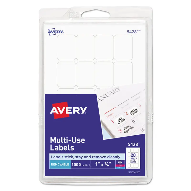 Avery Removable Multi-Use Labels, Inkjet/Laser Printers, 1 x 0.75, White, 20/Sheet, 50 Sheets/Pack, (5428) (AVE05428) Pack of 1000