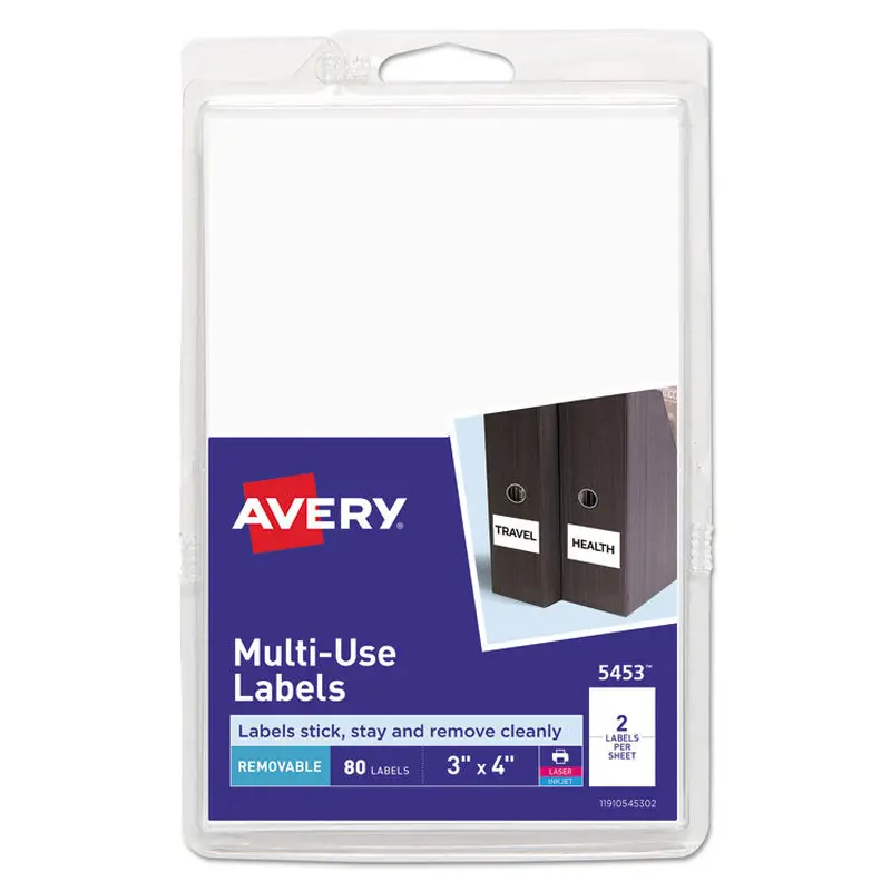 Avery Removable Multi-Use Labels, Inkjet/Laser Printers, 3 x 4, White, 2/Sheet, 40 Sheets/Pack, (5453) (AVE05453) Pack of 80