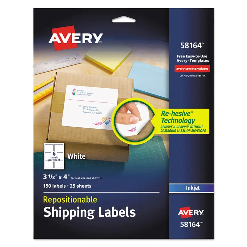 Avery Repositionable Shipping Labels w/SureFeed, Inkjet, 3.33 x 4, White, 150/Box (AVE58164) Pack of 50