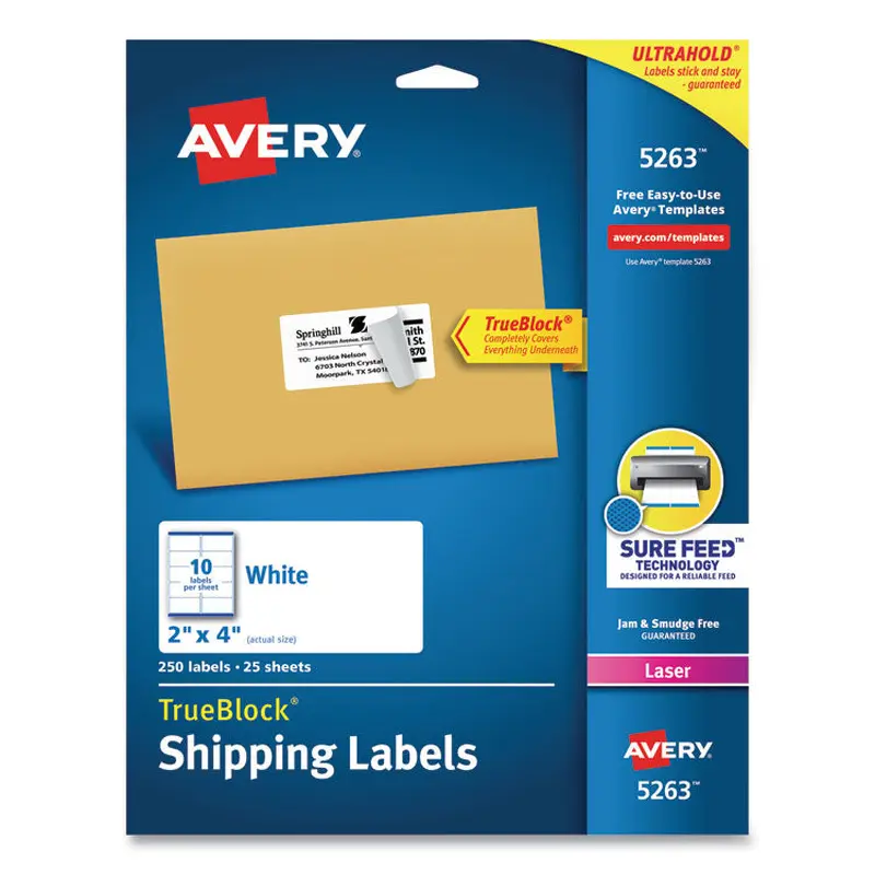 Avery Shipping Labels w/ TrueBlock Technology, Laser Printers, 2 x 4, White, 10/Sheet, 25 Sheets/Pack (AVE5263) Pack of 250