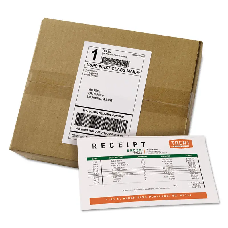 Avery Shipping Labels with Paper Receipt Bulk Pack, Inkjet/Laser Printers, 5.06 x 7.63, White, 100/Box (AVE27900) Box of 100