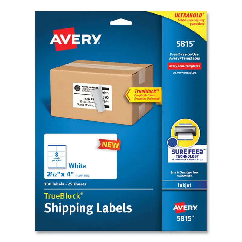 Avery Shipping Labels with TrueBlock Technology, Inkjet Printers, 2.5 x 4, White, 8 Labels/Sheet, 25 Sheets/Pack (AVE5815) Pack of 200