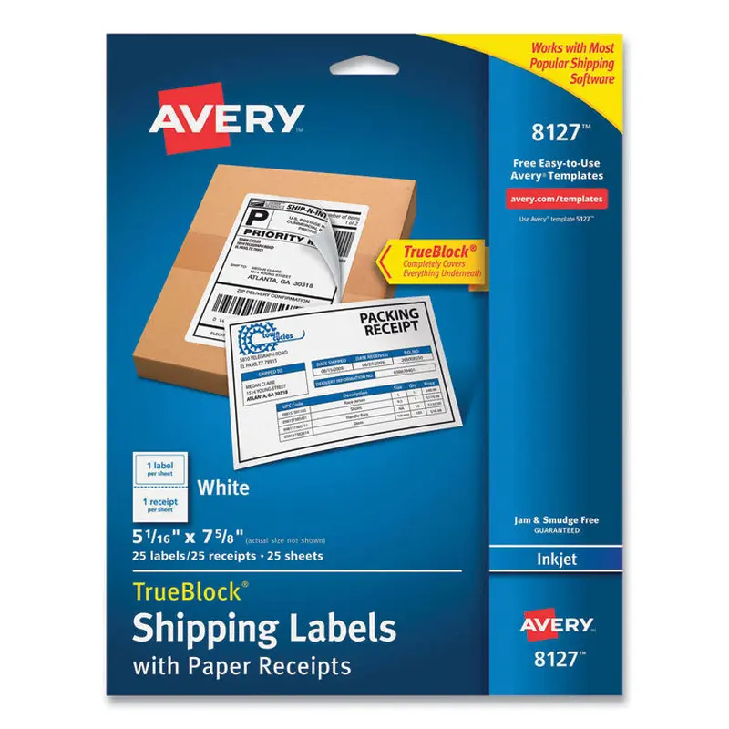 Avery Shipping Labels with TrueBlock Technology, Inkjet Printers, 5.06 x 7.62, White, 25 Sheets/Pack (AVE8127)