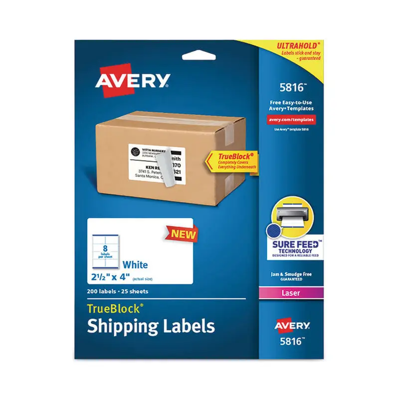 Avery Shipping Labels with TrueBlock Technology, Laser Printers, 2.5 x 4, White, 8/Sheet, 25 Sheets/Pack (AVE5816) Pack of 200