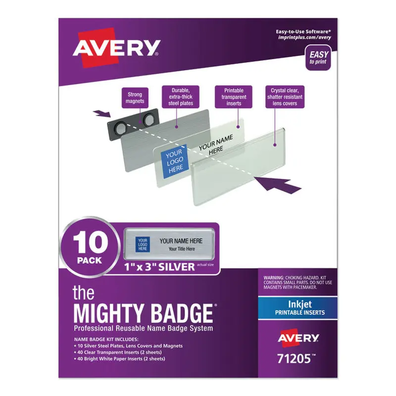 Avery The Mighty Badge Name Badge Holder Kit, Horizontal, 3 x 1, Inkjet, Silver, 10 Holders/ 80 Inserts (AVE71205) Pack of 10
