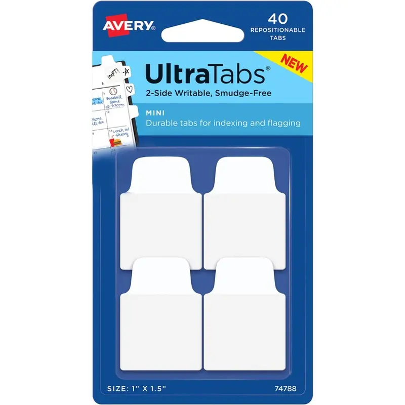 Avery Ultra Tabs Repositionable Mini Tabs - 40 Tab(s) - 10 Tab(s)/Set - Clear Film, White Paper Tab(s) - 4 (AVE74788) Pack of 40