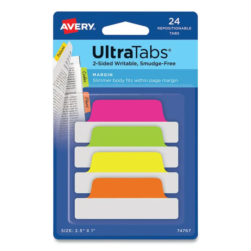 Avery Ultra Tabs Repositionable Tabs, Margin Tabs: 2.5" x 1", 1/5-Cut, Assorted Neon Colors, 24/Pack (AVE74767) Pack of 24