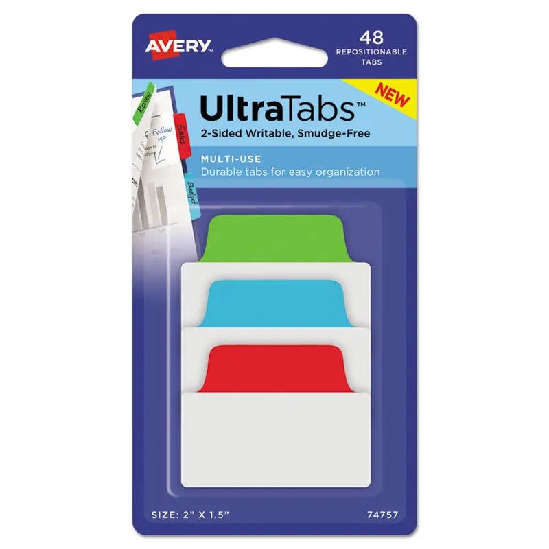 Avery Ultra Tabs Repositionable Tabs, Standard: 2" x 1.5", 1/5-Cut, Assorted Colors (Blue, Green and Red), 48/Pack (AVE74757) Pack of 48