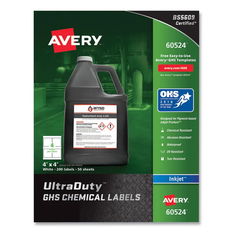 Avery UltraDuty GHS Chemical Waterproof and UV Resistant Labels, 4 x 4, White, 4/Sheet, 50 Sheets/Pack (AVE60524) Box of 200