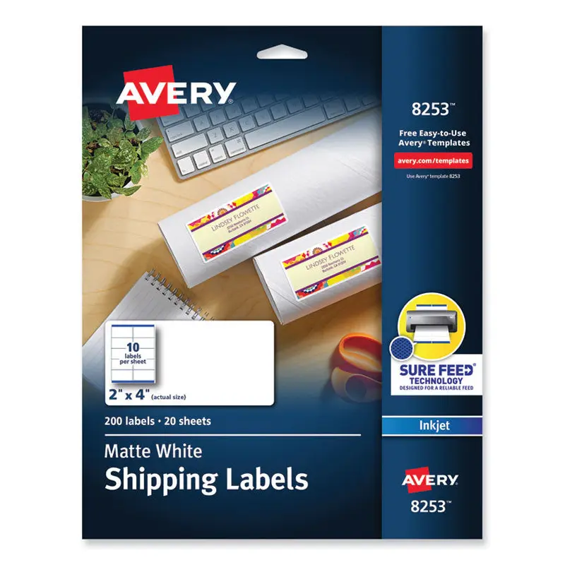 Avery Vibrant Inkjet Color-Print Labels w/ Sure Feed, 2 x 4, Matte White, 200/PK (AVE8253) Pack of 200