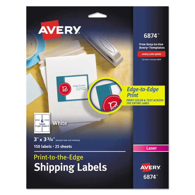 Avery Vibrant Laser Color-Print Labels w/ Sure Feed, 3 x 3.75, White, 150/PK (AVE6874) Pack of 150