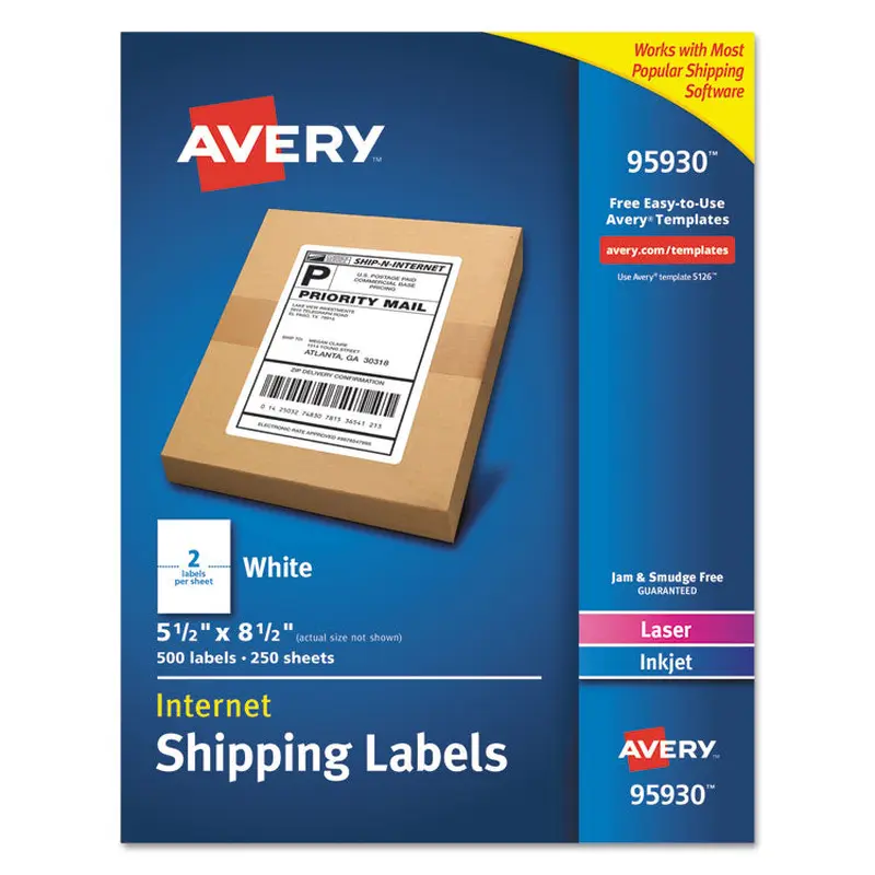 Avery White Shipping Labels-Bulk Packs, Inkjet/Laser Printers, 5.5 x 8.5, White, 2/Sheet, 250 Sheets/Box (AVE95930) Box of 500