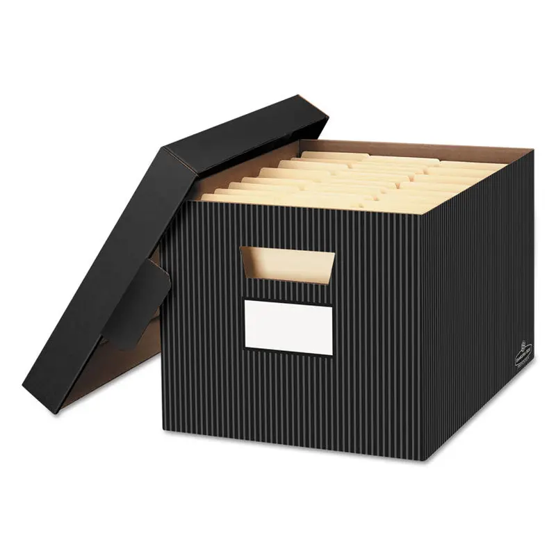 Bankers Box STOR/FILE Decorative Medium-Duty Storage Box, Letter/Legal Files, 12.5" x 16.25" x 10.25", Black/Gray Pinstripe Design, 4/CT (FEL0029803) Carton of 4