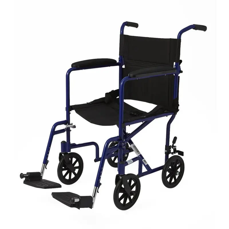 Basic Aluminum Transport Chair with Permanent Full-Length Armrests, Detachable Footrests and 8" Wheels, 300 lb. Capacity, 19" W, Blue, 1/CS (MDS808200ABE) Case of 1