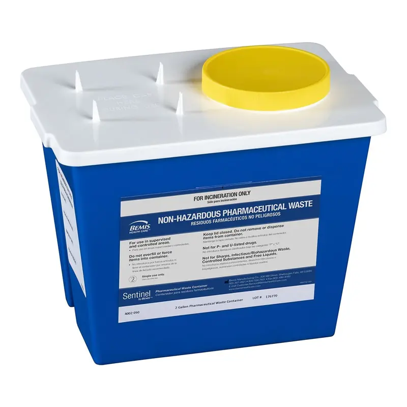 Bemis Sentinel Pharmaceutical Waste Container Blue Base 9 H X 11-5/8 L X 7-3/4 W Inch Vertical Entry 2 Gallon (706238_CS) 30/CS