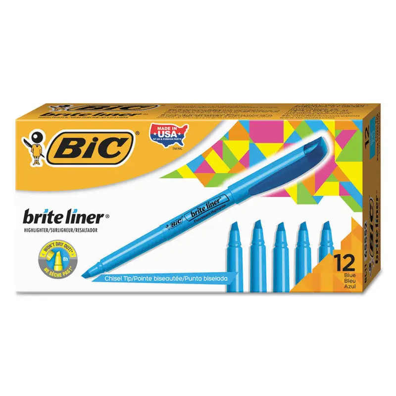 BIC Brite Liner Highlighter, Fluorescent Blue Ink, Chisel Tip, Blue/Black Barrel, Dozen (BICBL11BE) Set of 12