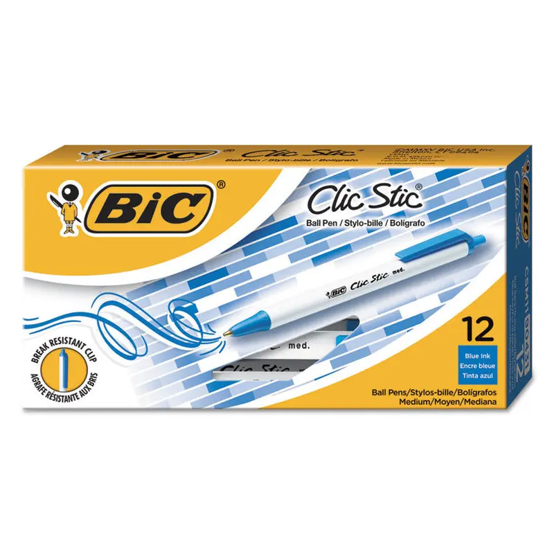 BIC Clic Stic Ballpoint Pen, Retractable, Medium 1 mm, Blue Ink, White Barrel, Dozen (BICCSM11BE) 1 Dozen