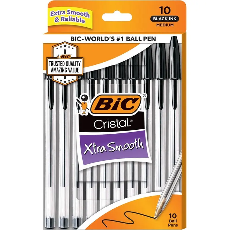 BIC Cristal Ballpoint Stick Pens - Medium Pen Point - Black - Clear Barrel - 10 / Pack (BICMSP10BK) Each