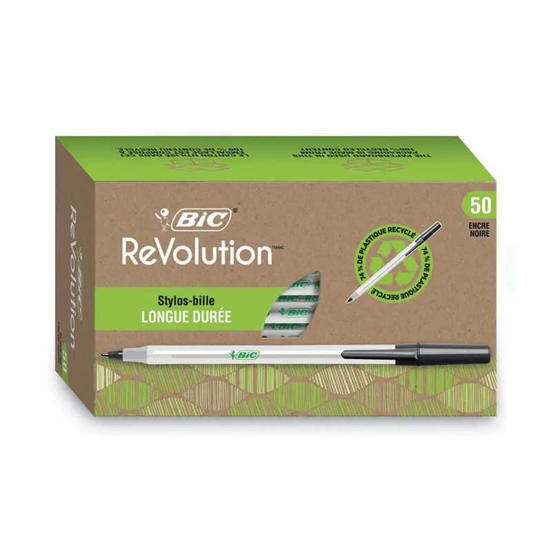 BIC Ecolutions Round Stic Ballpoint Pen Value Pack, Stick, Medium 1 mm, Black Ink, Clear Barrel, 50/Pack (BICGSME509BK) Box of 50