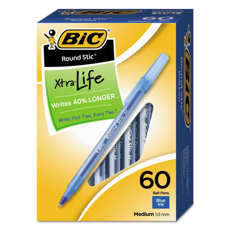 BIC Round Stic Xtra Life Ballpoint Pen Value Pack, Stick, Medium 1 mm, Blue Ink, Translucent Blue Barrel, 60/Box (BICGSM609BE) Pack of 60