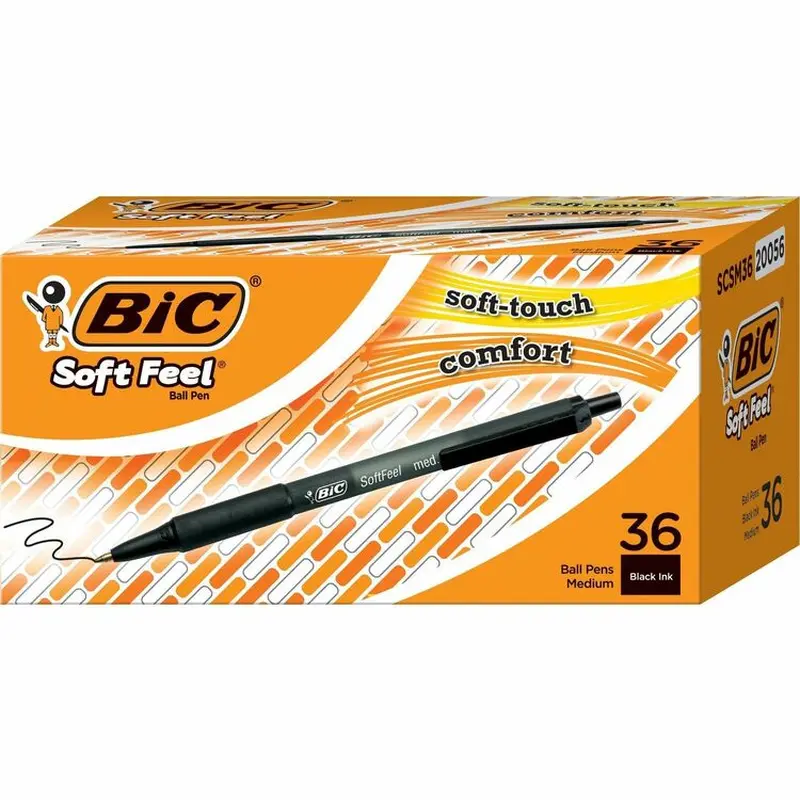 BIC Soft Feel Retractable Ballpoint Pen, Medium 1mm, Black Ink/Barrel, 36/Pack (BICSCSM361BK) Pack of 36