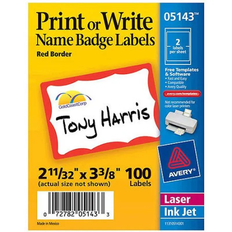 NAME BADGE LABELS RED 2-11/32" X 3-3/8" PQ.100
