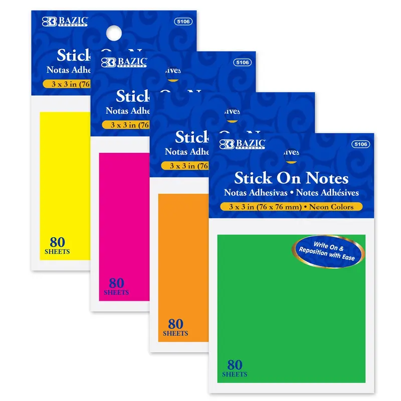 STICK ON NOTES 3" X 3" NEON COLOR 100 SHEET