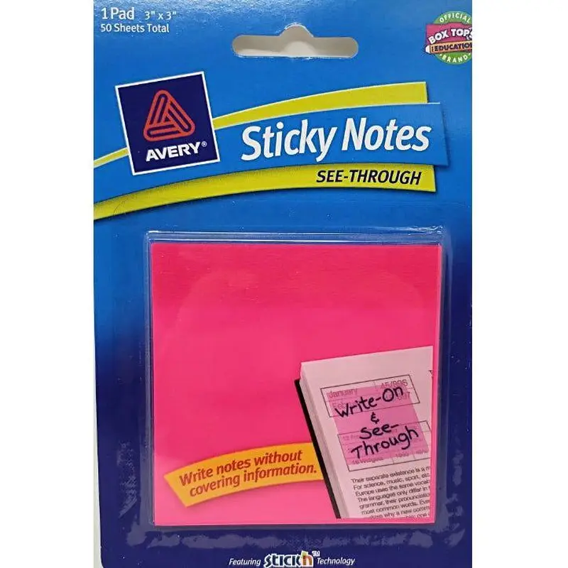 STICKY NOTES 3X3 SEE- THROUGH PINK 50 SHEETS