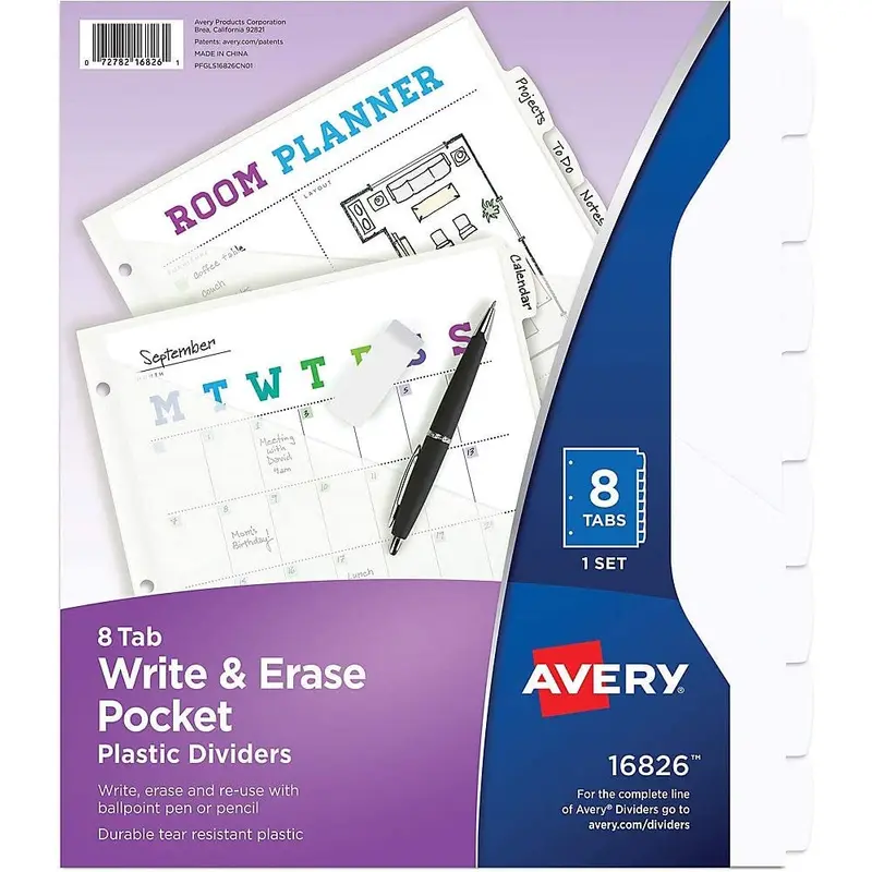Avery Write and Erase Durable Plastic 8-Tab Dividers with Pocket (16826)