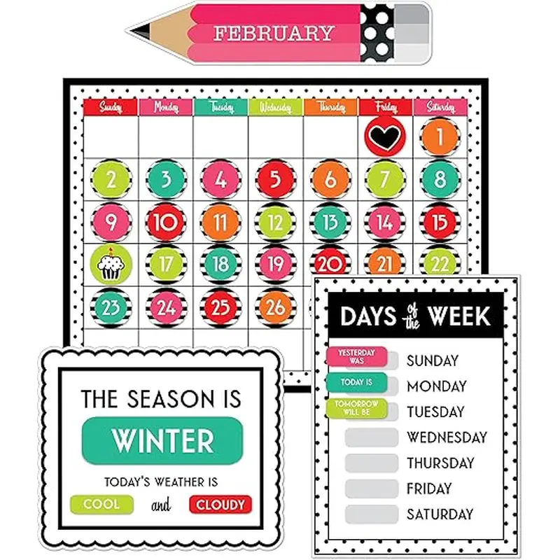 Carson Dellosa Schoolgirl Style Black, White & Stylish Brights Calendar Bulletin Board Set (CD 110499)